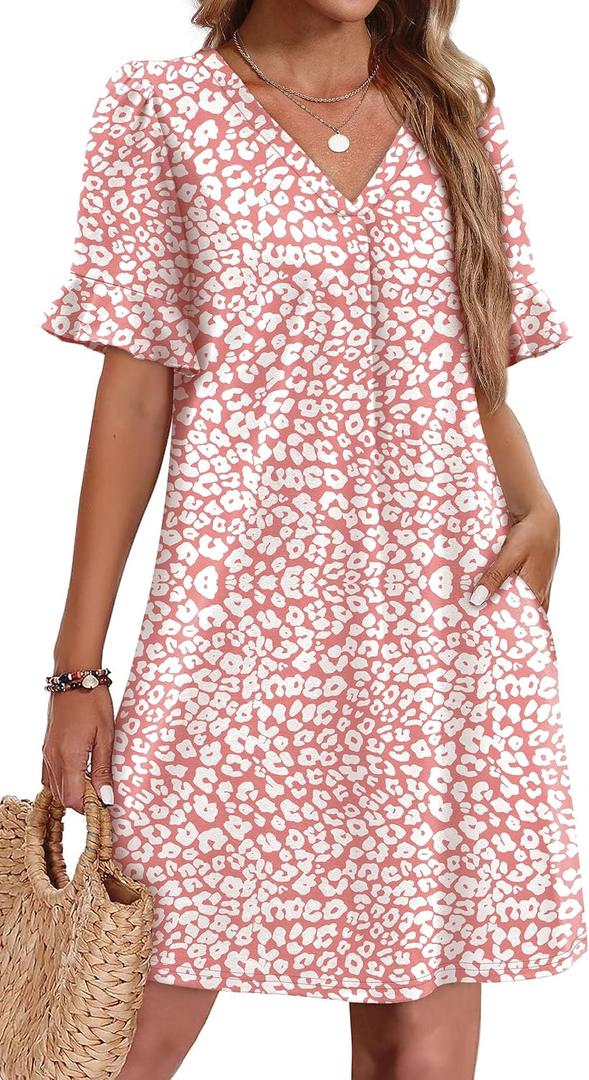 OFEEFAN Summer Dresses for Women Ruffle Short Sleeve V Neck Casual Shift Dress with Pockets (S)