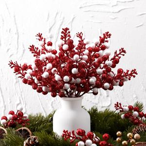 48 Pcs Christmas Glitter Berry Stem 8 Inch Red White Artificial Holly Berry Pick and Spray Christmas Tree Filler Branche Ornament for Xmas Decor Wreath Craft