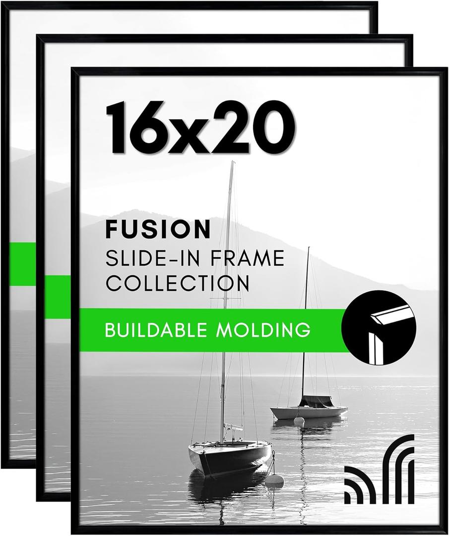 Americanflat 16x20 Picture Frame with Polished Front Cover - Set of 3 - Slide-In Photo Frame with Buildable Molding - Fusion Collection - Picture Frames for Wall Display - Black