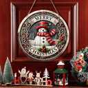 Christmas Wreath Wooden Merry Christmas Snowman Front Door Sign Xmas Holiday Outside Porch Decor with Retro Snow Scenery Design Winter Farmhouse Rustic Wooden Wreath Indoor Wall Hanging Decoration (Christmas Styl 13)