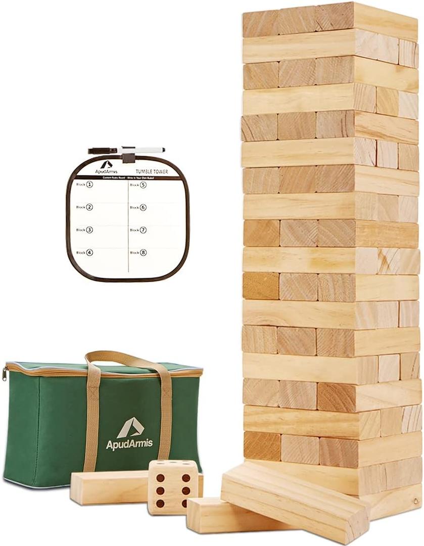 ApudArmis 60 PCS Giant Tumble Tower, (Stack up to 5Ft) Pine Wooden Stacking Timber Game with 1 Dice Set - Classic Block Giant Outdoor Game for Teens Adults Family (Burlywood)