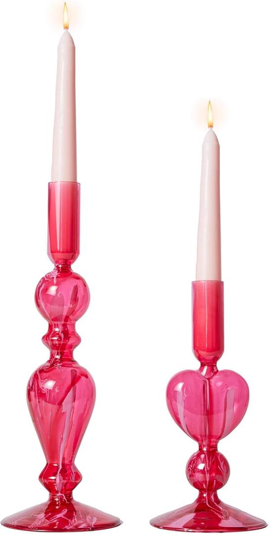 DN DECONATION Pink Glass Candle Holders Set of 2 Heart Taper Candle Holders for Valentine's Day, Candlestick Holder Wedding Decorations, Farmhouse Home Coffee Table Decor & Housewarming Gifts