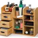 Coloch Bamboo Makeup Organizer with Drawers, Large Cosmetics Storage Shelf for Vanity Countertop Skincare Organizer for Desktop, Skincare, Beauty Supplies, Cosmetics Display, Stationery Storage