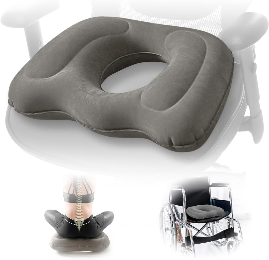Portable Inflatable Orthopedic Seat Cushion – Adjustable Air Cushion for Office Chair, Car & Wheelchair – Ergonomic Donut Ring for Pressure Relief on Back & Thighs – Grey