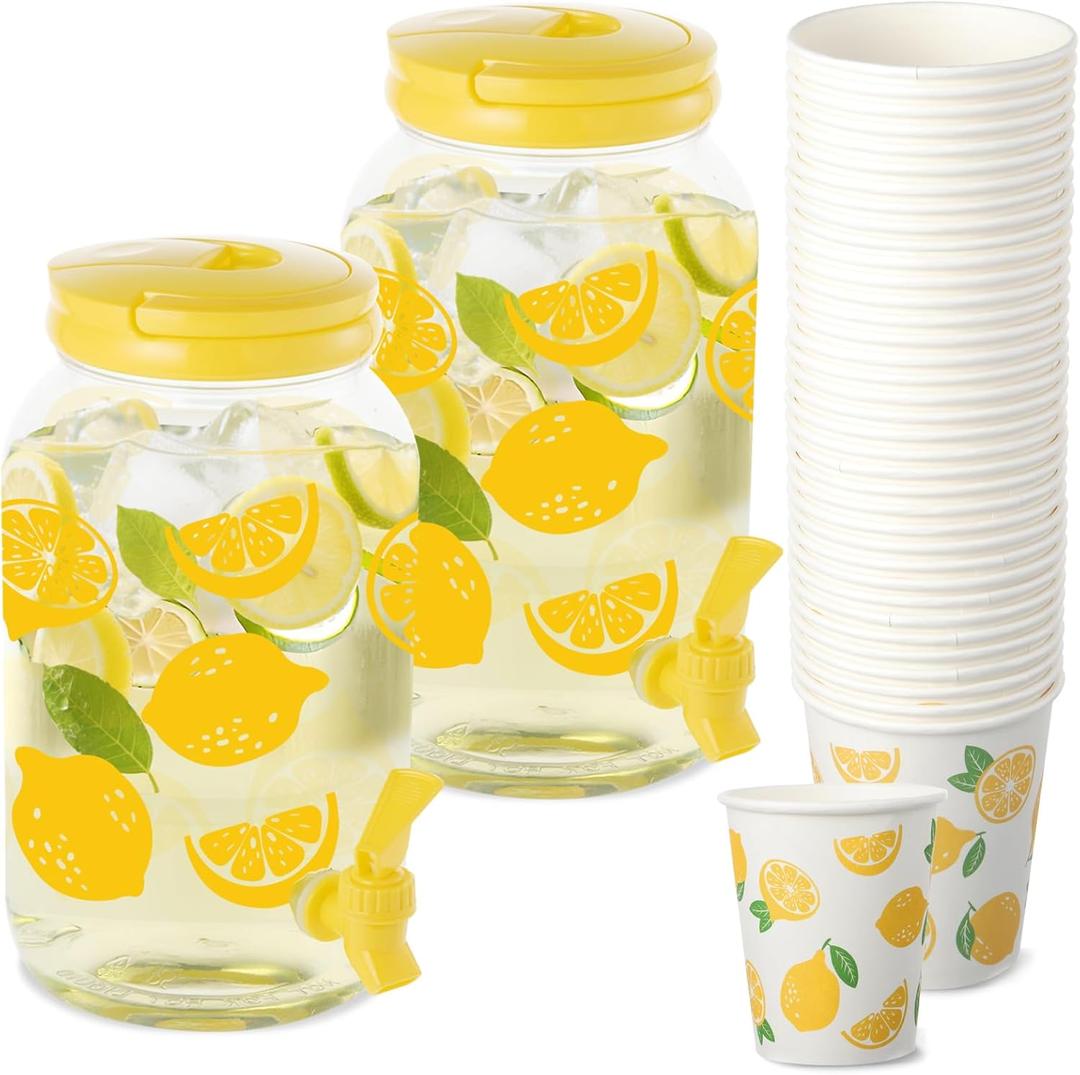 2 Piece Lemon Plastic Drink Dispenser and 40 Pcs Lemon Paper Party Cups 1 Gallon Iced Beverage Dispenser Tea Jar with Spigot and Carrying Lid Clear Dispenser for Lemonade Stand Lemon Juice Tea Beer
