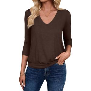 Sialois 3/4 Length Sleeve Womens Tops V Neck Blouse Banded Bottom Shirts Fashion Tunic 2026 Fall Tees Spring Summer Clothes (Large, Chocolate Brown)
