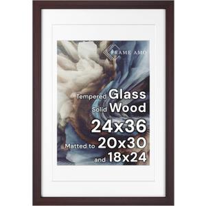 Frame Amo 24x36 Solid Wood Poster Frame Brazilian Walnut, White Multi Mat for 20x30 and 18x24 Image, Tempered Glass Front, 1.5 inch Wide, 1 inch Thick, High-End, Heavy-Duty, Gallery Grade & Acid-Free