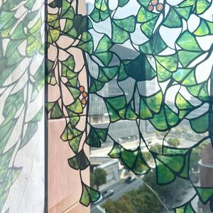 Original Hand Drawn Window Privacy Film, Double Sided Static Cling for Glass Window Green Ginkgo Cascade 22.83×51.18"