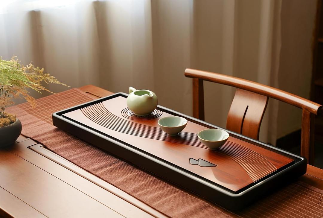 JIKUGO Bamboo Tea Tray Home Office Japanese Tea Set Tea Serving Tray 27.5x13x1.26in Vintage Chinese Kungfu Tea Tray Gongfu Water Storage Table Large