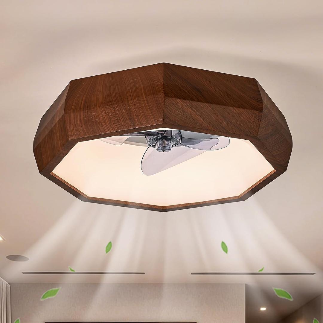 22″ Low Profile Wooden Ceiling Fan with Lights, Retro Walnut Wood Grain Bladeless Ceiling Fan Light, 3 Color Dimmable LED Chandelier Fans for Farmhouse Bedroom