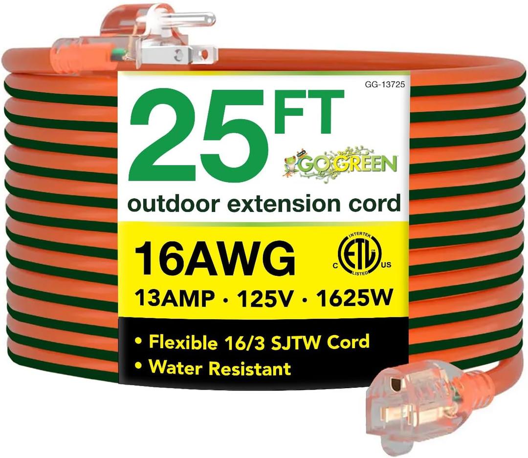 Go Green Power Inc. 16/3 25ft Outdoor Extension Cord with Lighted End - Contractor Grade, Durable, and Moisture Resistant - Ideal for Heavy Duty Tools - GG-13725 (Orange)