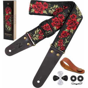 Nefelibata Guitar Strap, 2" Cotton Embroidery Guitar Straps, Full Grain Leather Ends with Invisible Pocket, for Bass, Electric and Acoustic Guitars, Strap Button, Strap Locks and Guitar Picks (Red Rose)