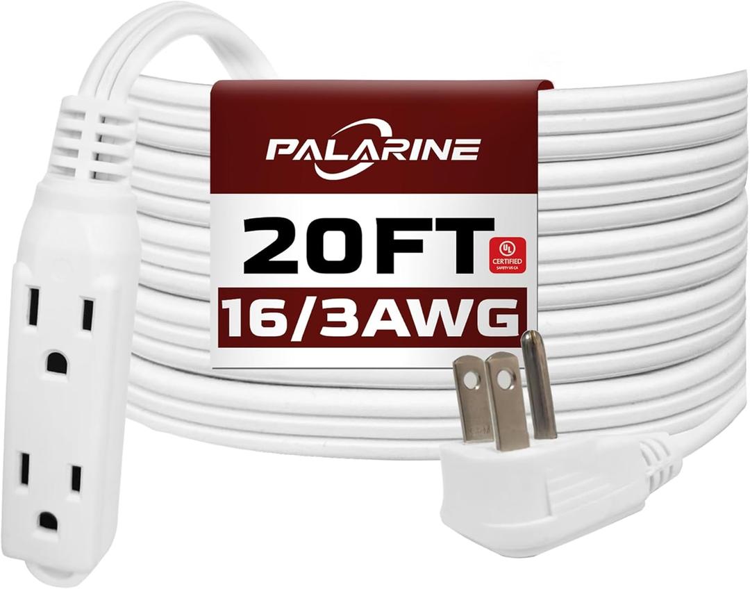 Flat Plug Extension Cord with 3 Outlets Extender, Indoor Extension Cord Flat Plug Power Strip 16 Gauge 20FT White 3 Prong, 16/3 SPT-3 13A, UL Listed