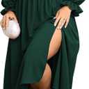 SCOMCHIC Womens Plus Size Maxi Dress Long Sleeve Square Neck Smocked Dress | Wedding Guest Cocktail Flowy Split Casual Fall Dress Empire Waist A Line Long Dresses with Pockets (XXXL)