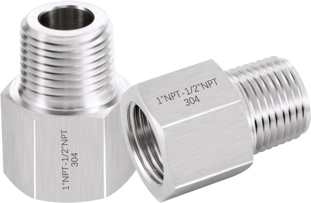 DERPIPE Forged Reducer Adapter Fitting - Stainless Steel 304 Reducing Pipe Connector, 1" NPT Female x 1/2" NPT Male (Pack of 2)