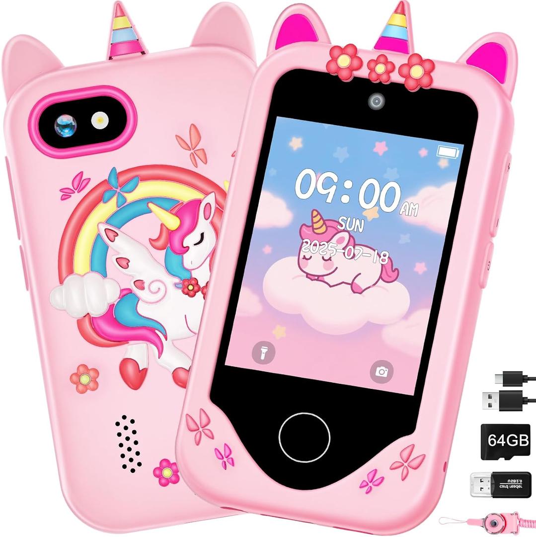 Kids Smart Phone for Girls, Touchscreen, 64GB Card Birthday Gifts for Girls Age 3, 4, 5, 6, 7, 8, 10 Year Old, Toddler Educational Learning Toys Phone with Dual Camera, Game, Music Player (Pink)