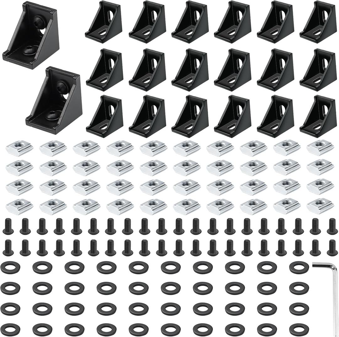 20 Set Black 4040 Series Aluminum Extrusion Profile Connector, Includes 1pc Wrench, 20pcs 3540 Corner Bracket, 40pcs M8 T-Slot Sliding Nuts and Hex Screw Bolt for 20S Aluminum Rail Accessories