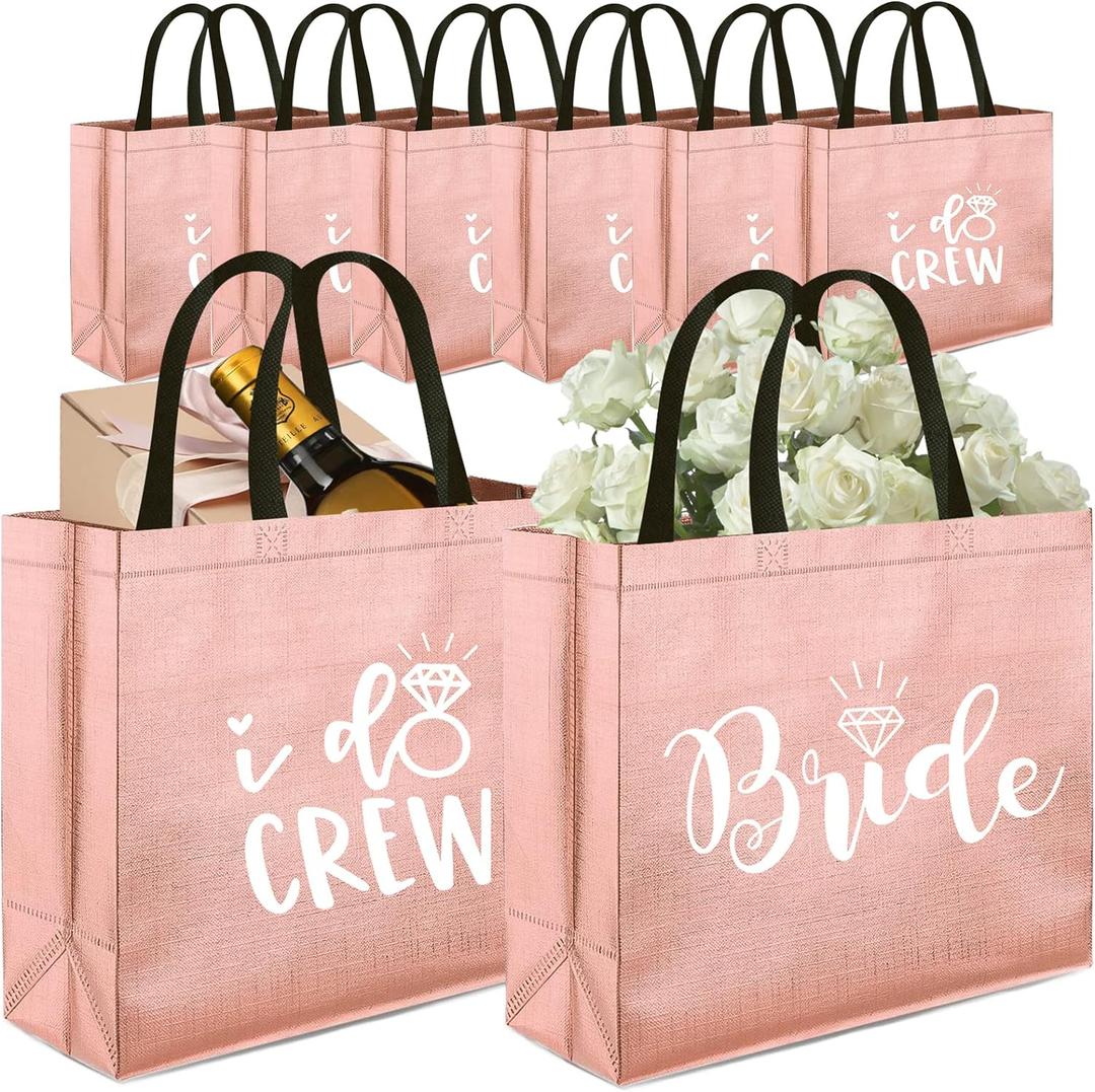 8 Pieces Rose Gold I Do Crew and Bride Non-Woven Gift Bags for Bridesmaid Gifts,Bachelorette Party Favors,Bridal Party Gifts