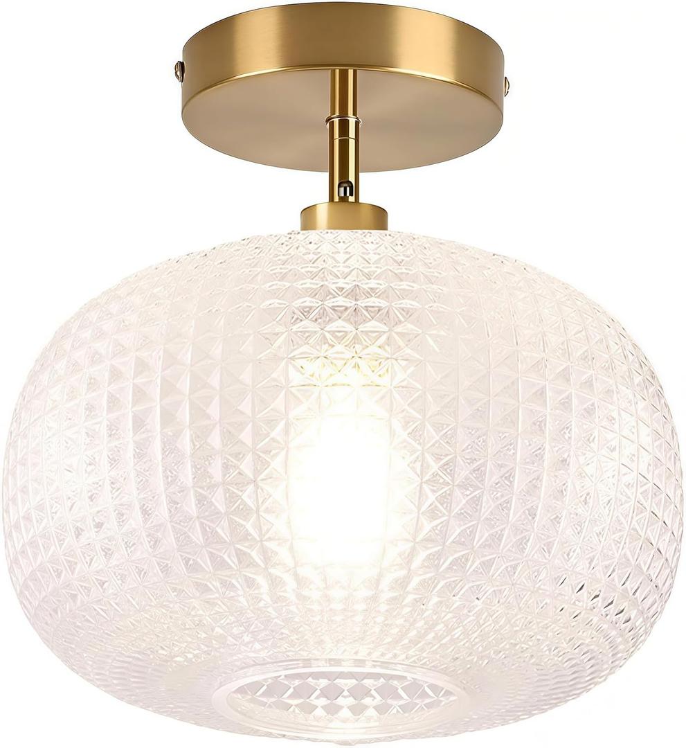 Gold Semi Flush Mount Ceiling Light Fixture,Hallway Light Fixtures,Industrial Close to Ceiling Mount,Globe Glass Ceiling Fixture,Vintage Ceiling Lamp,Farmhouse Lighting for Bathroom Entryway Bedroom