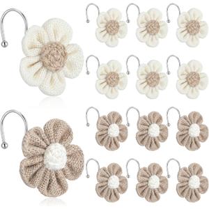 Frienda 12 Pcs Boho Flower Curtain Shower Hooks for Bathroom Cream Khaki Sunflower Curtain Hooks Farmhouse Curtains Hangers Accessories Simple Elegant Home Decorative Neutral Bathroom Decor