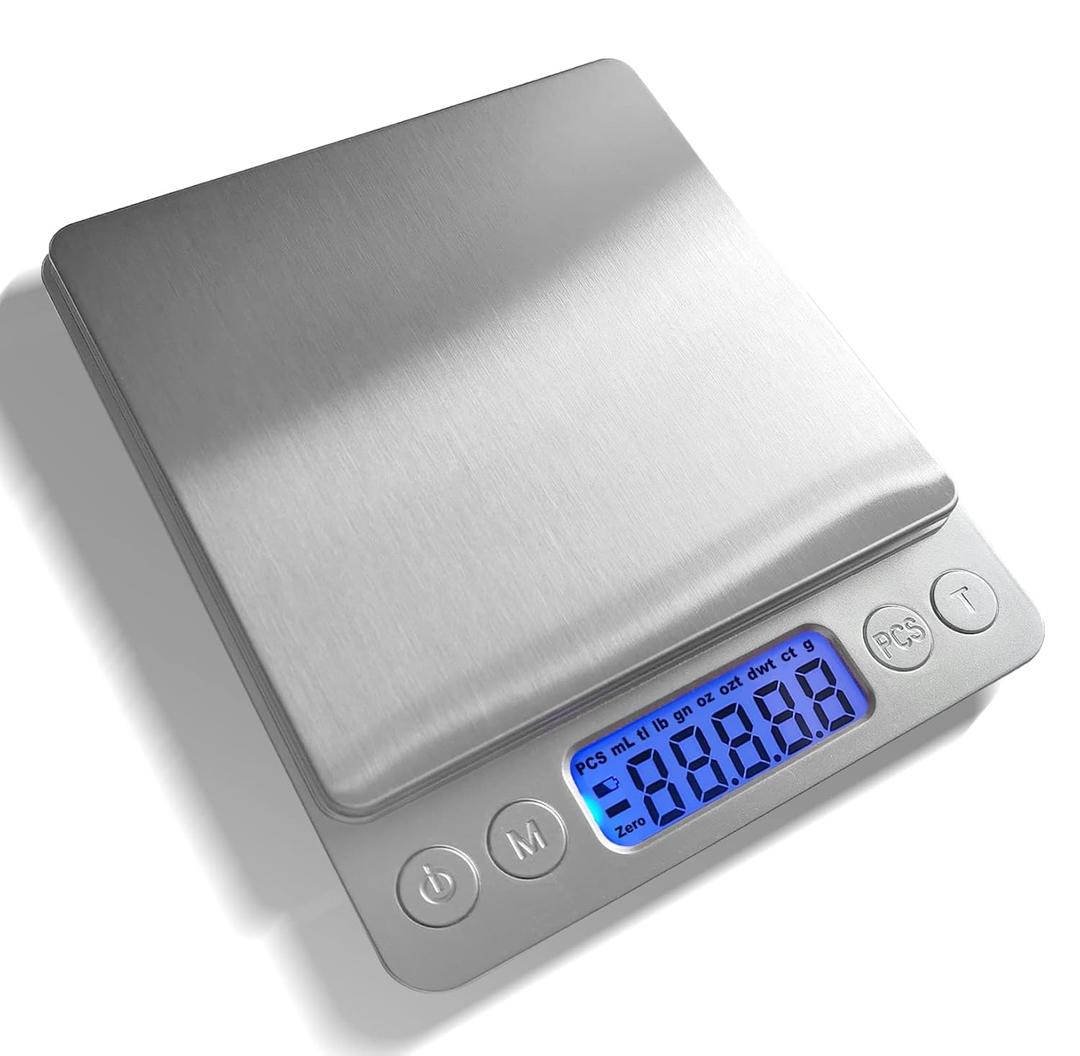 Food Scale Digital Weight Grams and Ounces, 0.001oz/0.01g 500g Kitchen Scale for Food with Backlight LCD Display, Tare, 9 Units, Auto Off, 2 Trays, Batteries Included - Stainless Steel