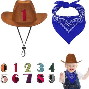 3 Pcs Cowboy Birthday Party Hat and Bandanas with 0-9 Numbers Infant Baby Hat Kid Western Costume Accessories (Blue)