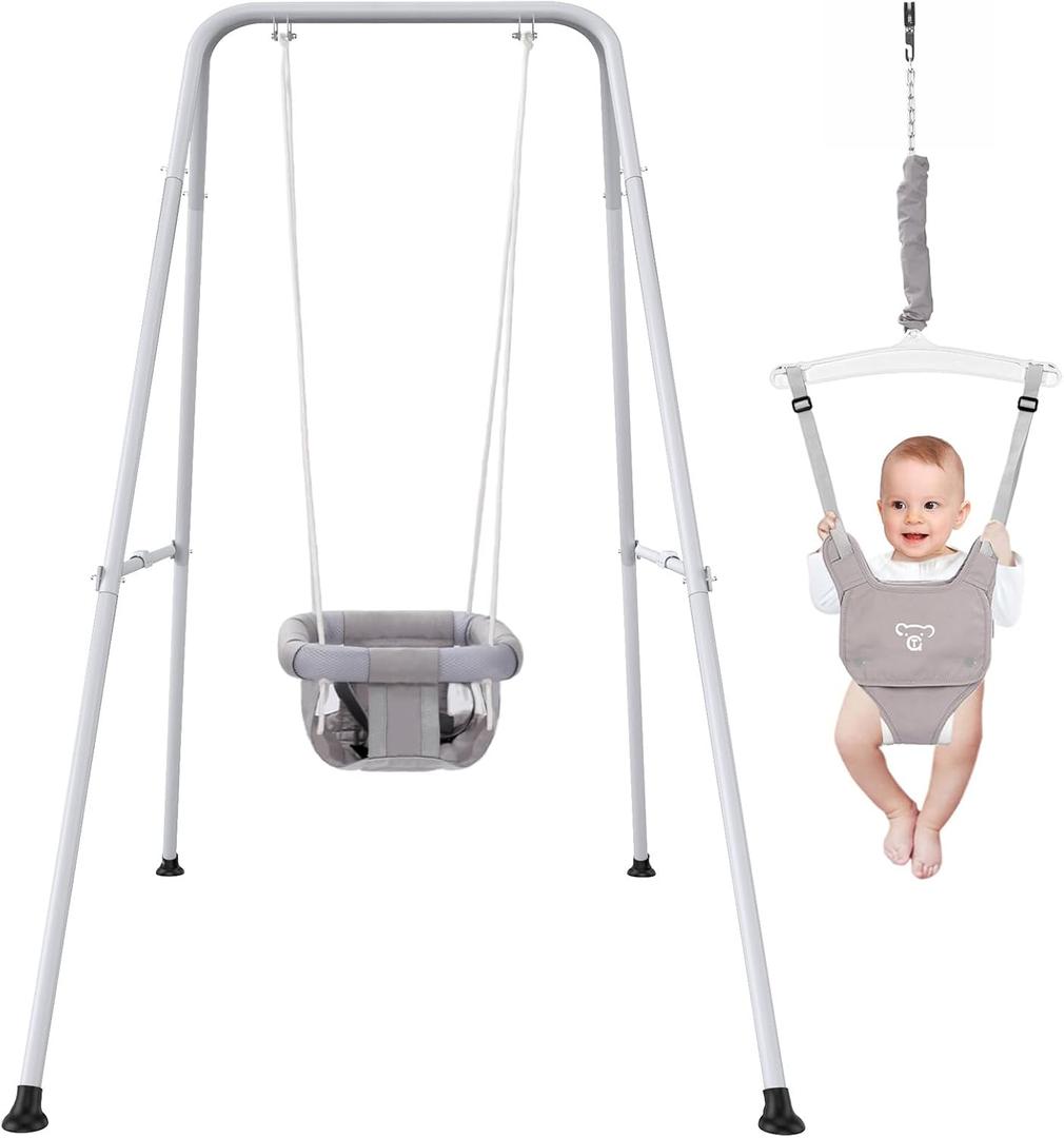 2 in 1 Baby Jumper with Swing, Baby Swing Indoor and Outdoor Use, Baby Jumpers and Bouncers, Toddler Swing with Foldable Stand (Gray)