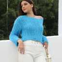 2025 Fall Cropped Sweater for Women Off The Shoulder Pullover Fluffy Knit Fashion Crop Top Holes Design (Blue)