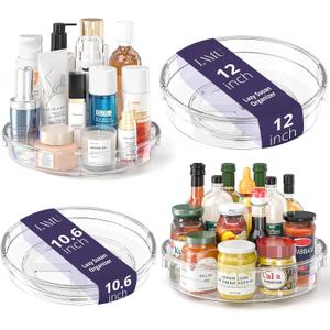 LAMU 4 Pack Lazy Susan Organizer, Clear Lazy Susan Turntable for Cabinet, Refrigerator, Table Top, Kitchen, Bathroom, Pantry Organizers and Storage, 2 Sizes Included 12in, 10.6in
