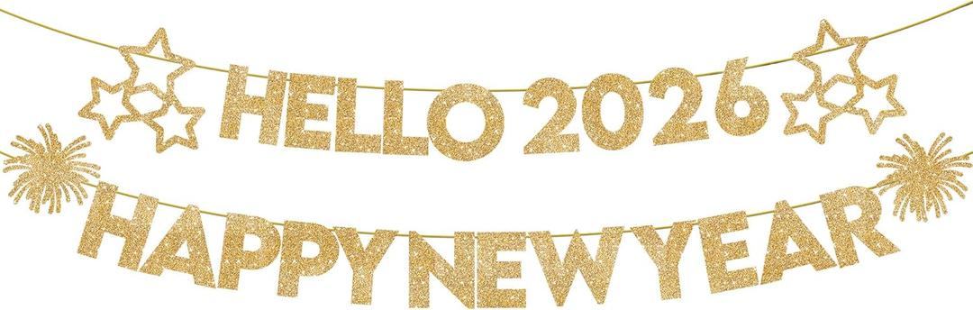 KatchOn, Glitter Gold Happy New Year Banner 2026-10 Feet, No DIY | Hello 2026 Banners for Happy New Year Decorations 2026 | New Years Banner, New Years Eve Party Supplies 2026 | NYE Decorations 2026