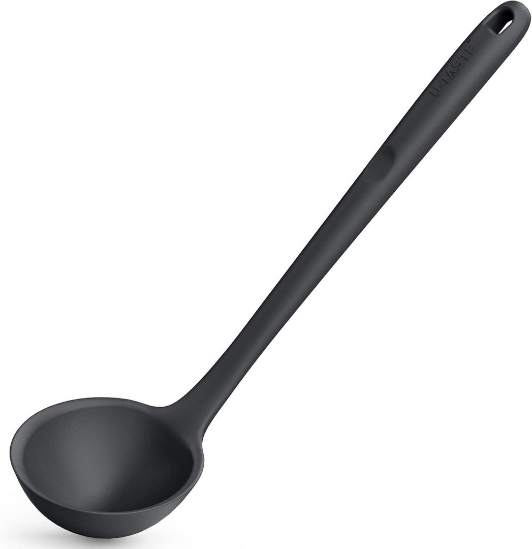 13 inch Silicone Soup Ladle: U-Taste 600F Heat Resistant 4 oz Large Non-stick Seamless Rubber Kitchen Deep Serving Spoon with Non Slip Solid Long Handle for Cooking Sauce/Stews/Gravies/Chili(Black)