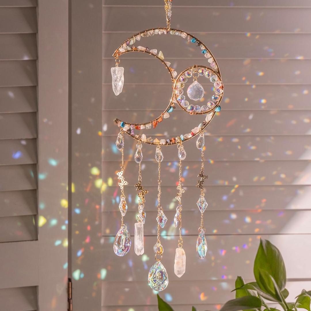 Handmade Sun Catcher Rainbow Maker with Moon Shape Natural Color Stones and Various Crystal Shapes Unique Crystal Decoration for Home or as a Gift Stunning Light Refraction and Colorful Display
