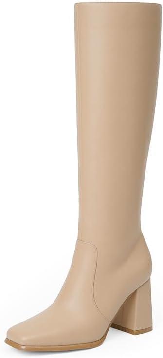 Modatope Knee High Boots Women Chunky Heel Square Toe Heeled Tall Boot for Women Fashion Side Zipper Long Boot (8.5)