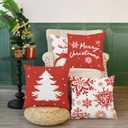 CaliTime Christmas Throw Pillow Covers Decorative 16 X 16 Inches Set of 4 Cozy Fleece Tree Deer Snowflakes Cushion Cases for Couch Sofa Bed Living Room Farmhouse Christmas Red