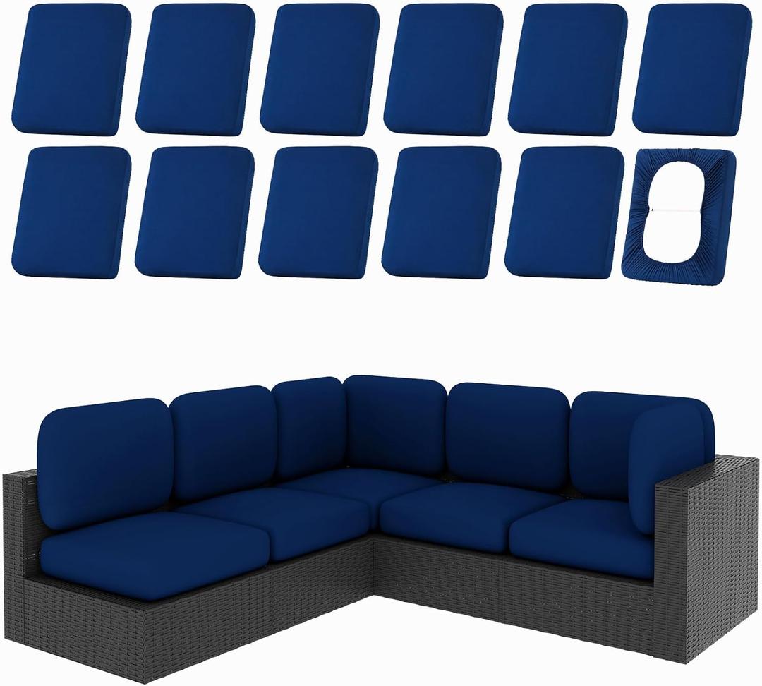 hyha 12Pcs Patio Cushion Covers, Stretch Outdoor Couch Cushion Covers Replacement, Washable Outdoor Chair/Sofa Slipcovers for Patio Furniture Cushions Protector with Elastic Bottom(Navy,Cover Only)
