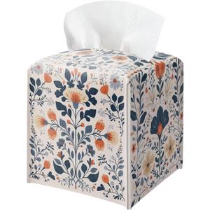 Floral Tissue Box Holder, Scandinavian Leather Tissue Box Cover Square, Paper Napkins Everyday Dispenser for Bathroom Vanity Countertop Night Stands Kitchen Office Car Home Decor