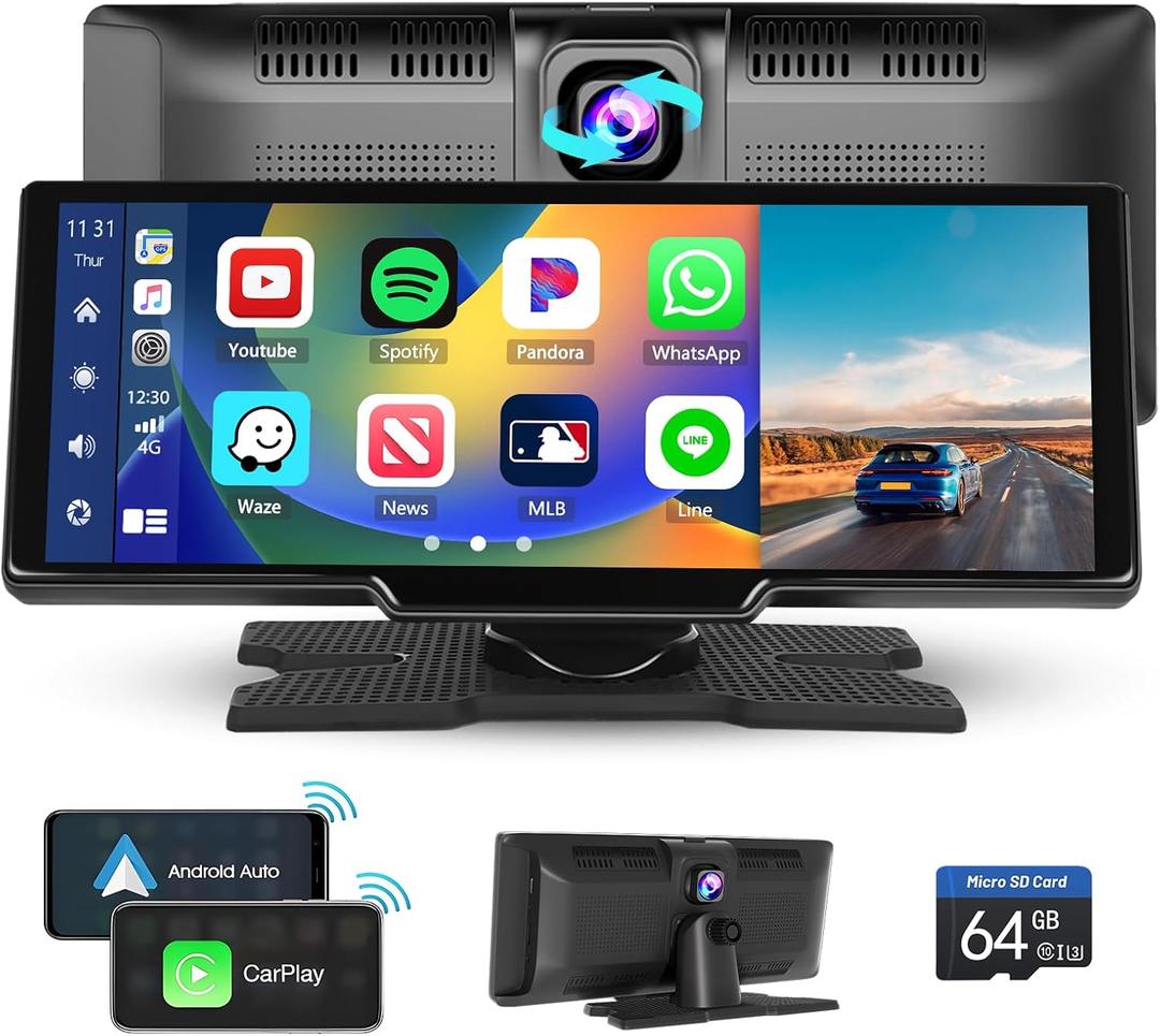 Hikity Wireless Carplay Portable Android Auto Unit with 2.5K Dash Cam, 9.3 Inch Touchscreen Car Screen Display with Bluetooth Airplay Mirror Link Voice Control AUX 64G TF