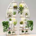 Plant Stand Shelf Indoor with 6 Grow Light, 7 Tiered 65" Tall White Large Half Moon Lighted Plant Rack Holder, 2 Pack Big High Circular Arch Multi Herb Stand with Built in LED Grow Light Set