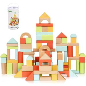 OOOK 100pcs Building Blocks for Toddlers 1-3, Wooden Blocks for Kids with Storage Bucket and Shape Sorter Lid, Montessori Toys for 1 2 3 Year Old, Learning Toys for Preschool Girls and Boys (Colorful)