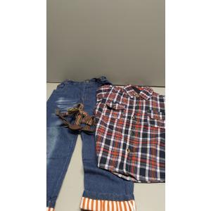 MYGBCPJS 3Pcs Boy Handsome Outfit Set Plaid Shirt + T-Shirt + Suspender Jean Sets 7