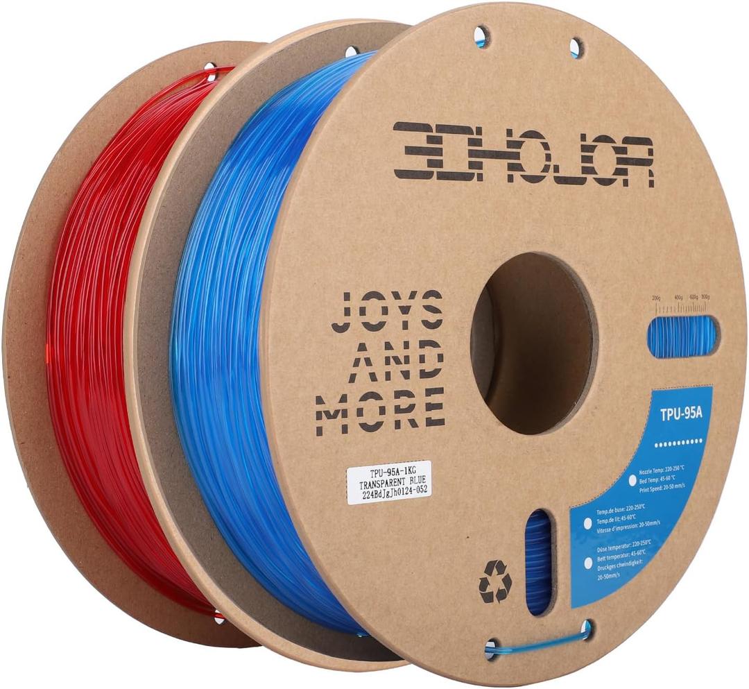 3DHojor TPU Filament 1.75mm TUP95A 3D Printer Filament Flexible Soft 3D Filament 1KG*2 Bundle fit Most FDM 3D Printers Dimensional Accuracy +/- 0.03 mm-Transparent Red/Blue