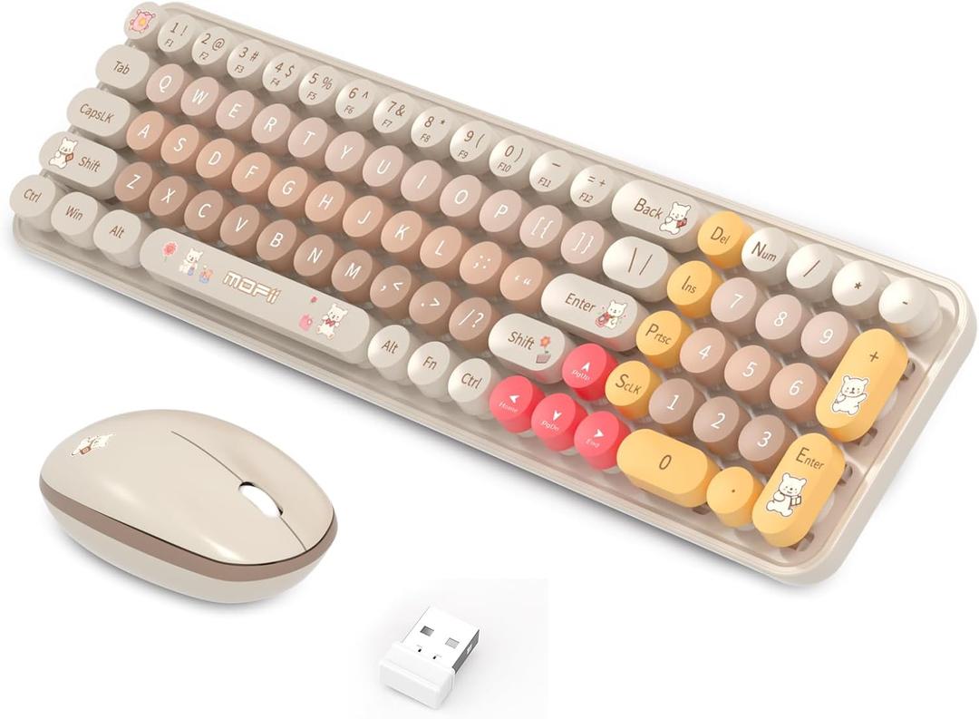 Keyboard Mouse Wireless, Slim Compact Silent 2.4G Cute 84 Keys Keyboard for PC, Notebook, MacBook, Tablet, Laptop, Windows System Coffee