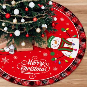 48 Inch Merry Christmas Tree Skirt - Large Red Xmas Tree Skirts Mat Decoration, Cute Winter Snowman Round Skirt for Indoor Outdoor Home Christmas Tree Decorations Holiday Party Decor
