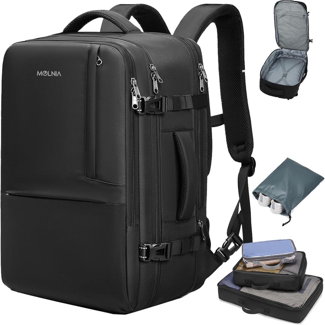 MOLNIA 50L Expandable Travel Backpack for Men Women, Carry On Backpack Airline Approved, Suitcase Backpack with Packing Cubes, Water Resistant Luggage Backpack Daypack Weekender Bag, Black