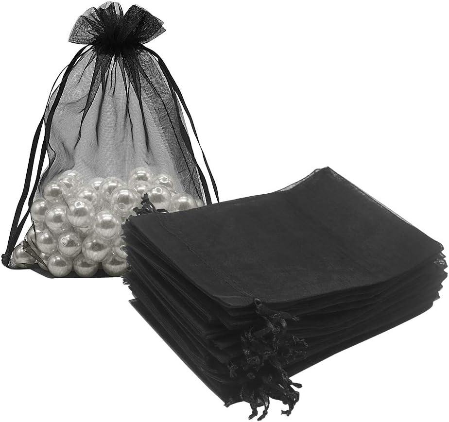 HRX Package Black Organza Bags 5x7 inch 100pcs, Mesh Candy Bags Jewelry Pouches Drawstring Empty Sachet for Present Wedding Giveaways