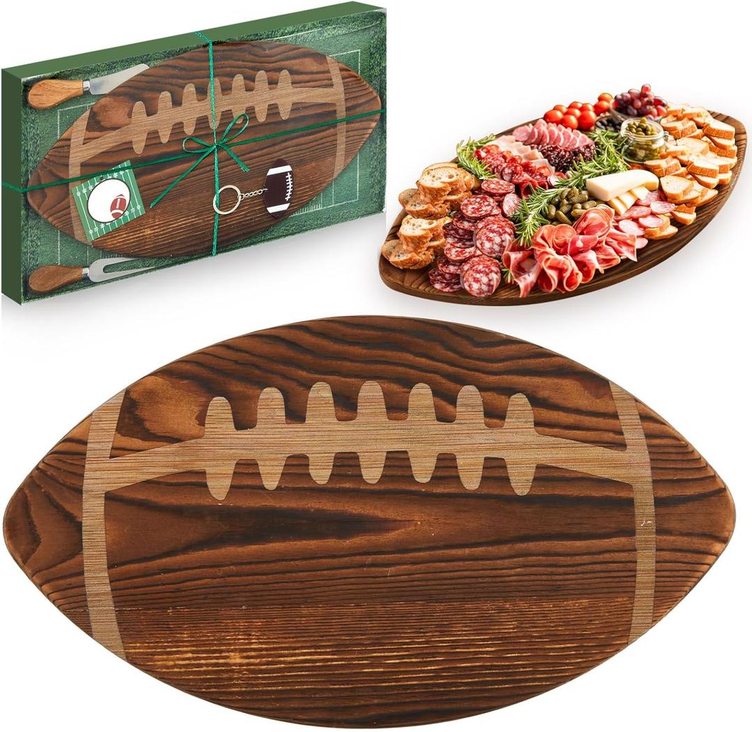 Football Shaped Cutting Board Charcuterie Board Gift Set with Cheese Knives for Football Lovers Gift Themed Party Decoration Favor Supplies(Brown,15x8.5in)