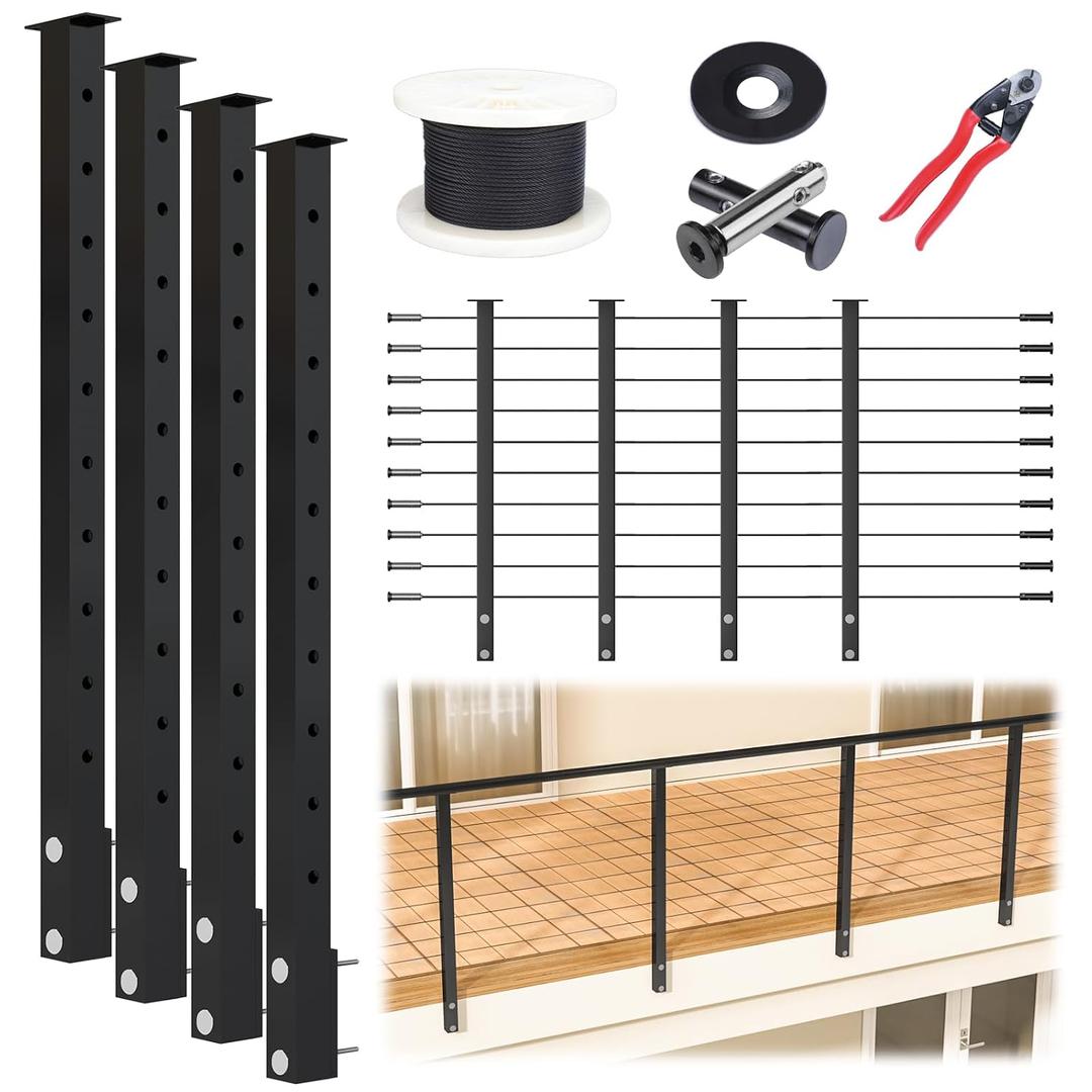 Muzata 16-20FT Modular Black Side Mount Cable Railing Kit 36 Inch 4 Level Post Kit Complete Set Cable Railing System for Decks Length Adjustable with Paper User Guide (No Handrail) RWF2 BH4S