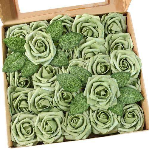 Meldel Artificial Flowers 25 Pack Elf Green Faux Foam Roses with Stems, Real Looking Fake Rose for DIY Wedding Bouquets, Bridal Shower Centerpieces, Party Table Decorations, Home Decor