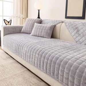 Velvet Couch Cover, Sectional Couch Covers for Sofa, Funny Fuzzy Sofa Covers Pet Friendly, Non-Slip Couch Protector for Dogs & Kids(1PC, Light Grey, 35.4"83", 3 Seaters)