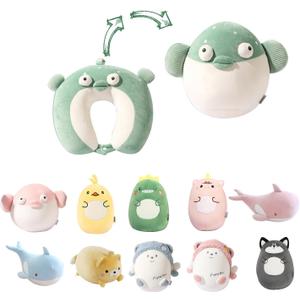 Kids Travel Pillow 2-in-1 Malleable Neck Pillow, Soft U-Shaped Pillow with Cute Plush Toys, Cosy Sleeping and Play Companion for Airplanes, Cars and Travel - Green Fish